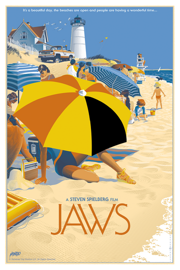 Vintage-style 'Jaws' movie poster with beach scene and lighthouse. Officially Licensed JAWS (1975) Artist Edition Postcards by Mondo. Featuring a holiday beach scene from the movie.